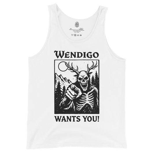 Front white tank top featuring Wendigo folklore horror illustration