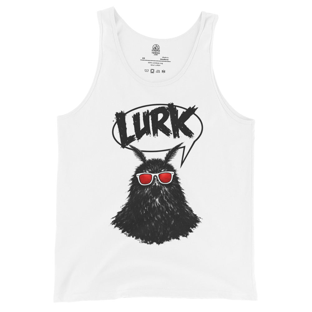 White tank top with Mothman cryptid wearing red sunglasses and LURK text
