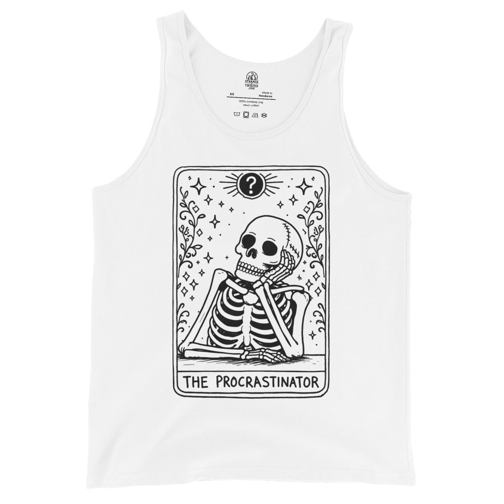 White tank top featuring The Procrastinator tarot card design