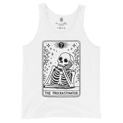 White tank top featuring The Procrastinator tarot card design