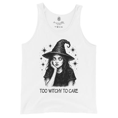 Front image white tank top with Too Witchy To Care witchcraft text design