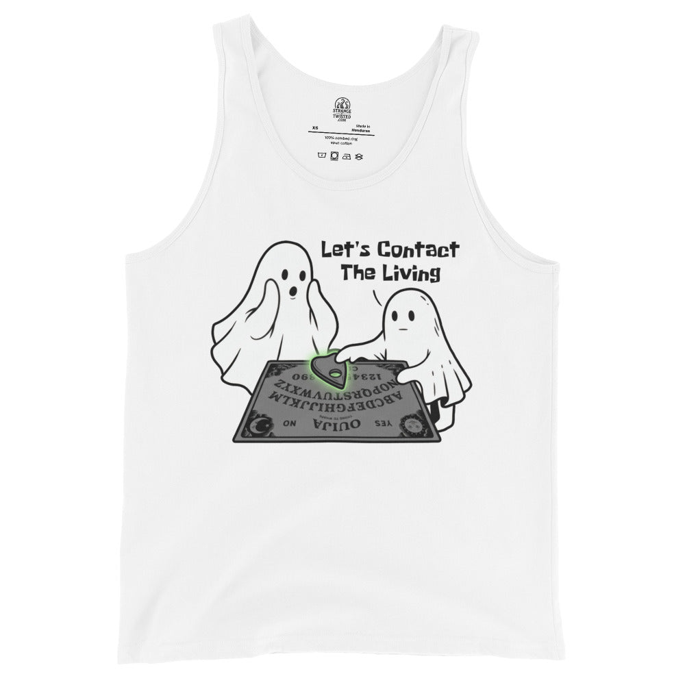 Ghost Ouija board tank top on white featuring two cartoon ghosts using spirit board