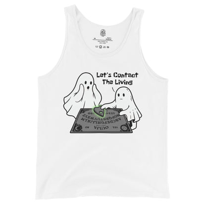 Ghost Ouija board tank top on white featuring two cartoon ghosts using spirit board
