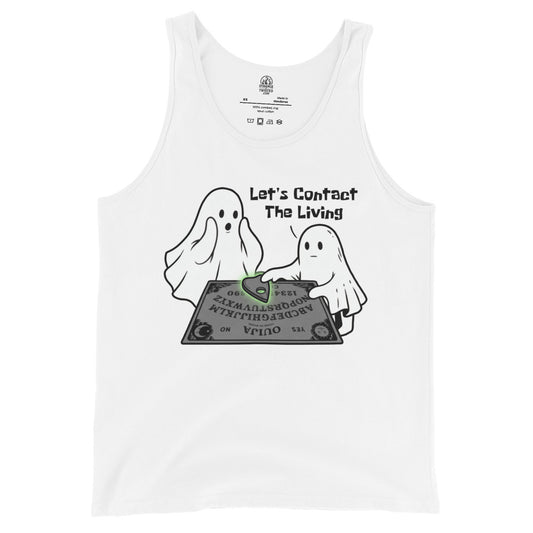 Ghost Ouija board tank top on white featuring two cartoon ghosts using spirit board