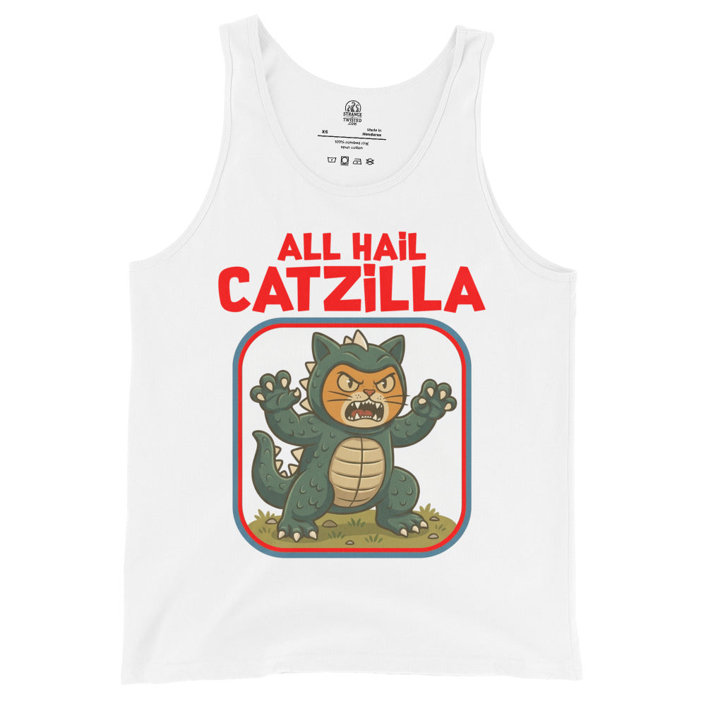 all hail catzilla tank top cartoon kaiju cat monster funny design white clothing