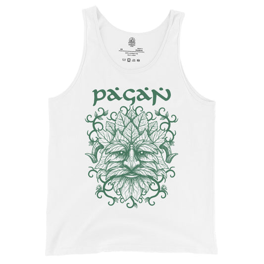 Green Man pagan tank top front view, Celtic leaf face design with vines and foliage on white