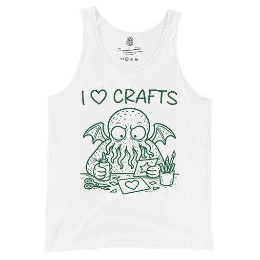 I love crafts tank top front view, cute Cthulhu character crafting with scissors and glue, green graphic on white, Unisex