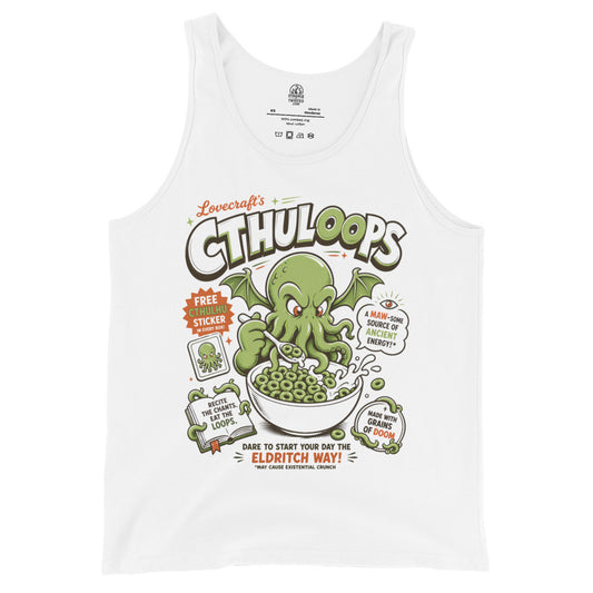 Cthuloops tank top front view, cartoon Cthulhu eating cereal with parody packaging design on white