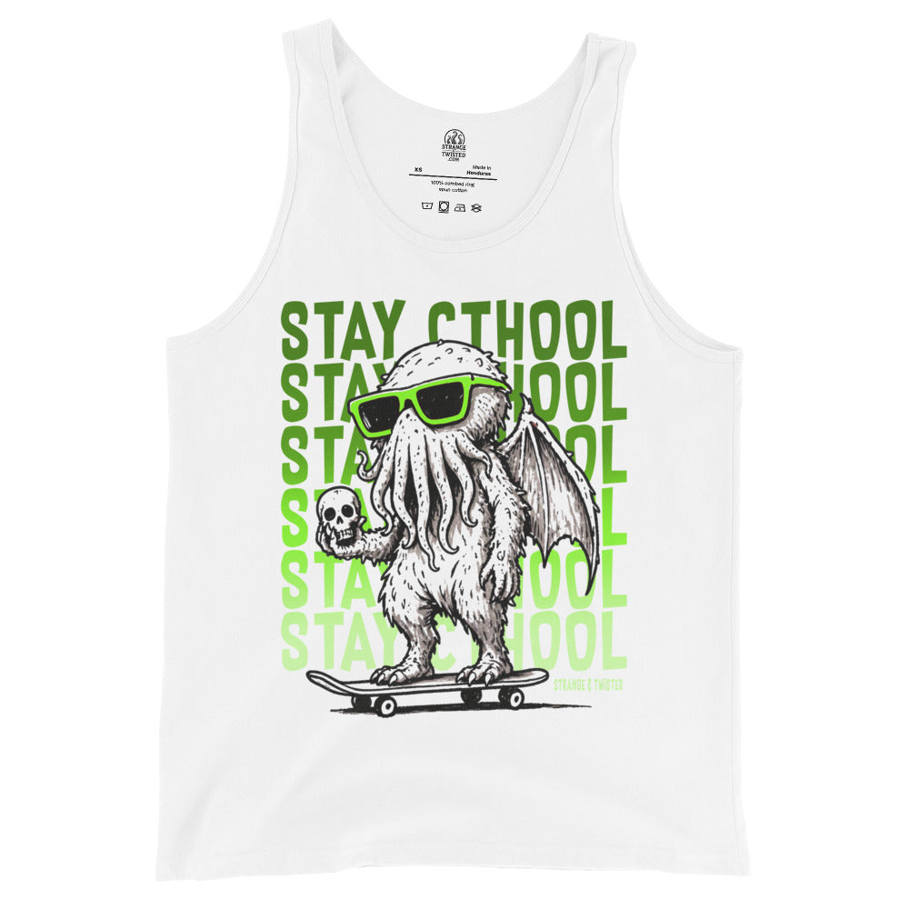 Stay Cthool tank top front view, Cthulhu with sunglasses riding skateboard holding skull, bright green graphic on white