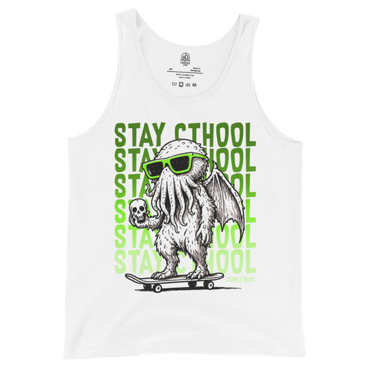 Stay Cthool tank top front view, Cthulhu with sunglasses riding skateboard holding skull, bright green graphic on white