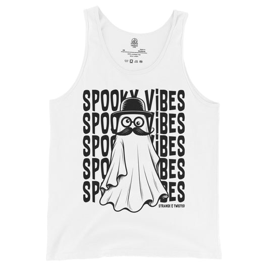 Spooky vibes tank top front view, minimal ghost design with clean paranormal aesthetic on white