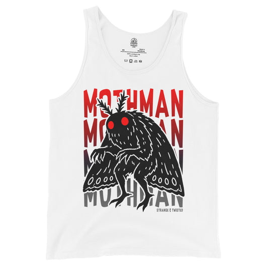 mothman tank top front view, black silhouette with red eyes and bold mothman text on white