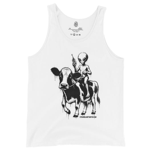 alien riding cow tank top front view, detailed alien sitting on cow holding device, black graphic on white