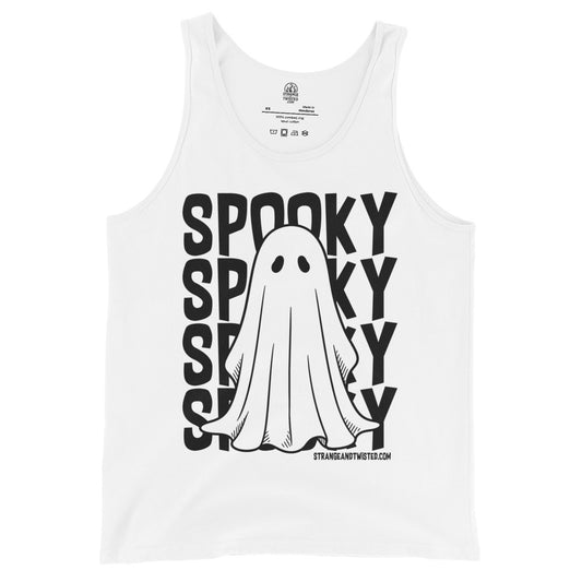 Haunted paranormal ghost tank top front view with distressed supernatural ghost artwork on white fabric