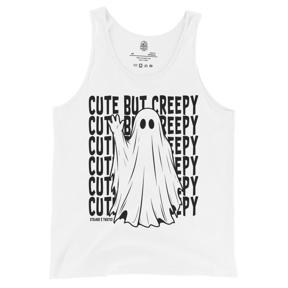 Cute paranormal ghost Halloween tank top front view with playful spooky ghost artwork on white fabric