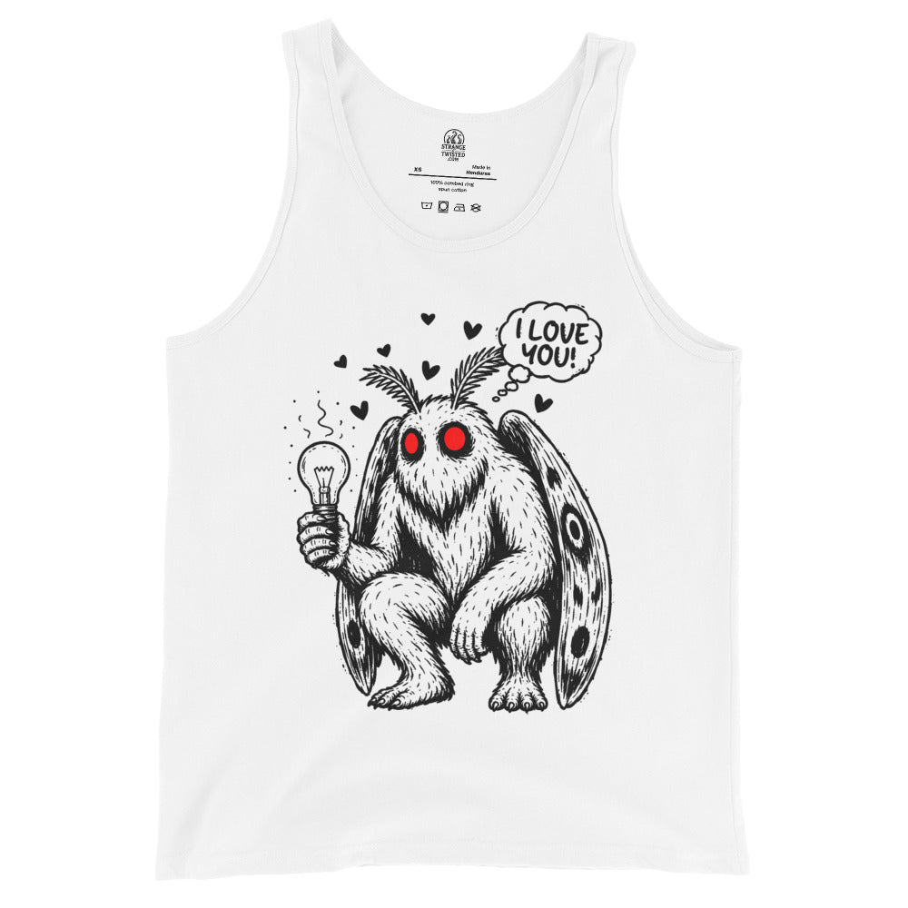 Mothman crush on a lightbulb tank top front view with funny red eyed cryptid artwork on white fabric