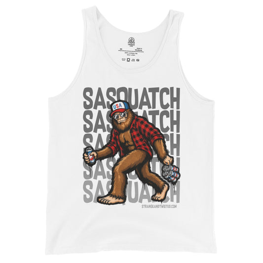 Funny Bigfoot camping tank top front view featuring patriotic Sasquatch artwork on white fabric