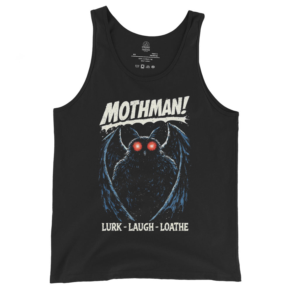 Mothman paranormal tank top on black featuring red eyed cryptid with wings
