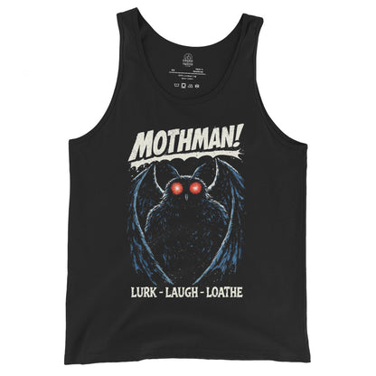 Mothman paranormal tank top on black featuring red eyed cryptid with wings