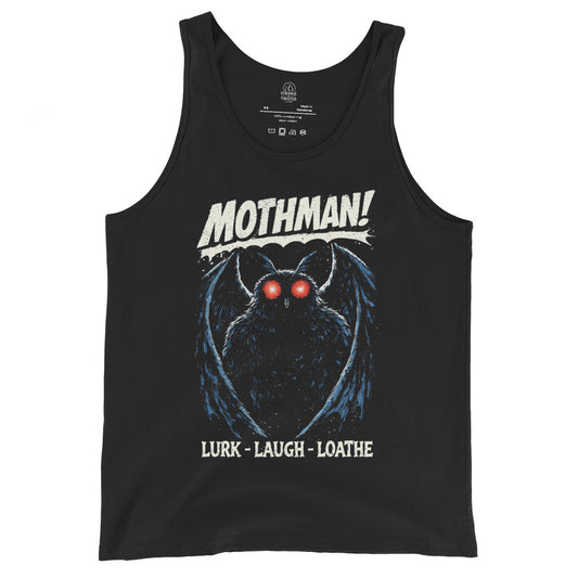 Mothman paranormal tank top on black featuring red eyed cryptid with wings