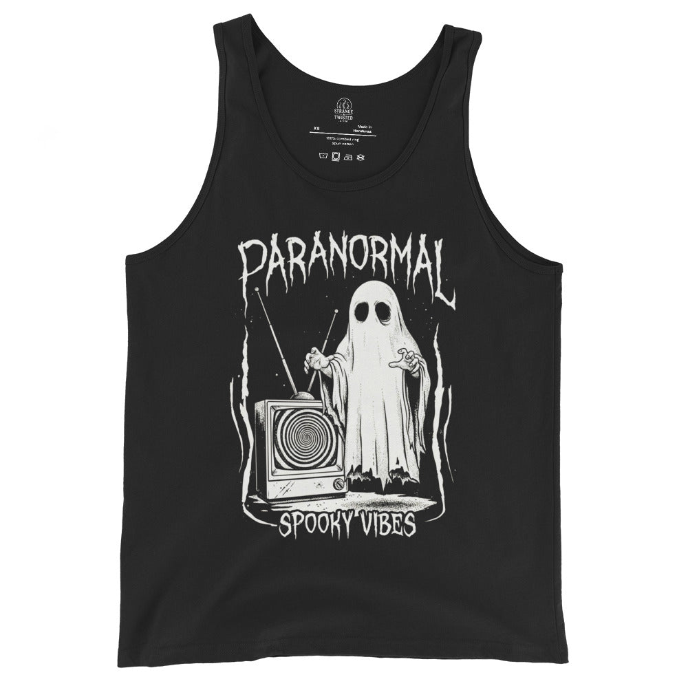 Spooky Vibes paranormal ghost tank top on black featuring sheet ghost and vintage television