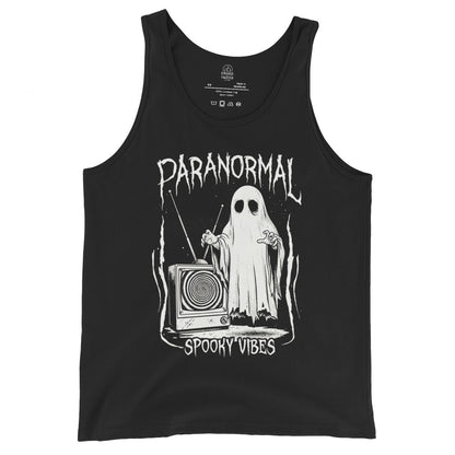 Spooky Vibes paranormal ghost tank top on black featuring sheet ghost and vintage television