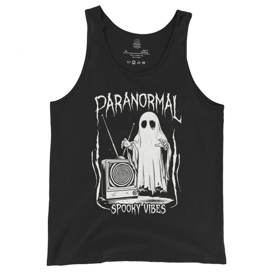 Spooky Vibes paranormal ghost tank top on black featuring sheet ghost and vintage television
