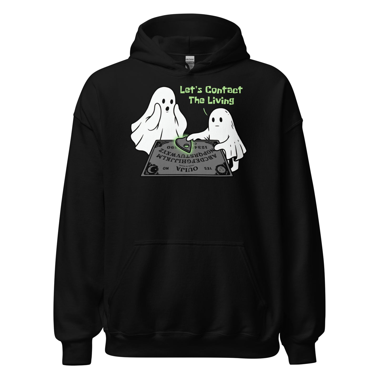 Paranormal ghost hoodie on black featuring two ghosts using Ouija spirit board