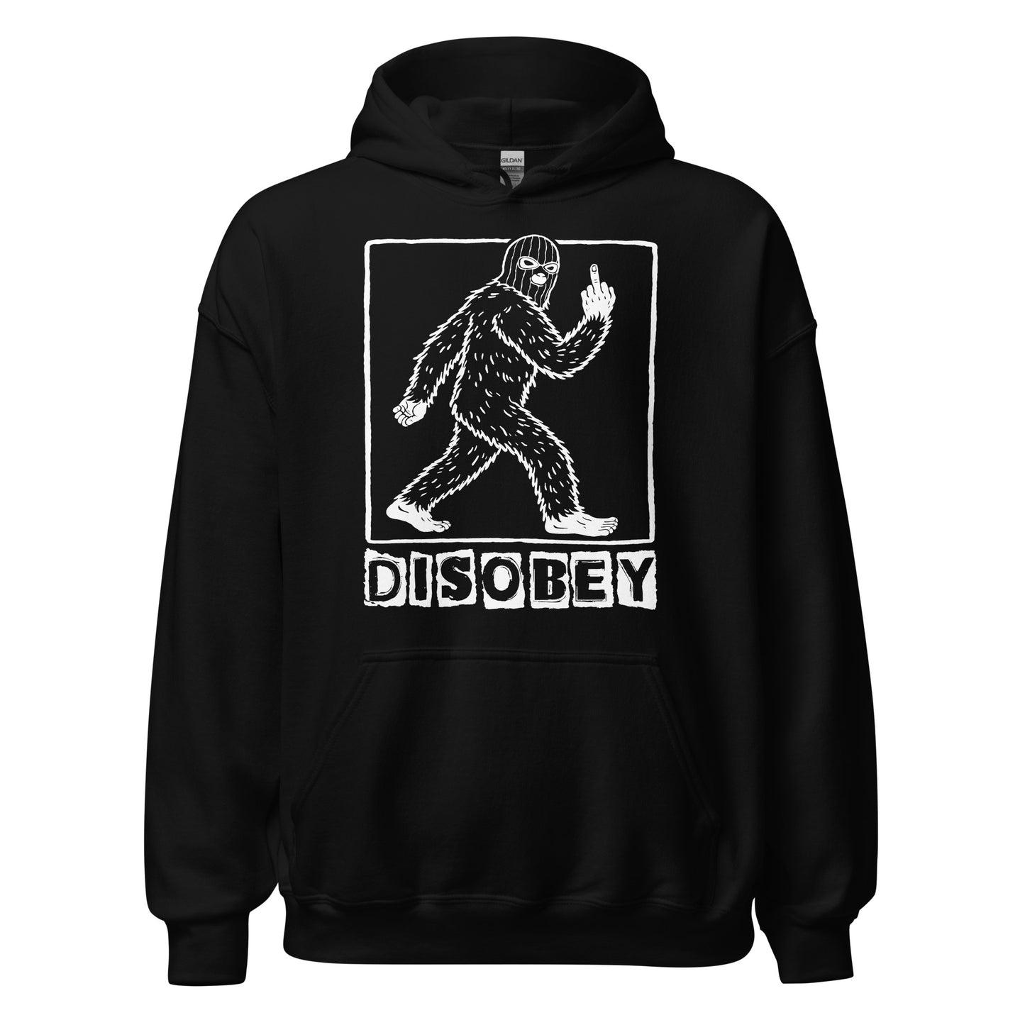 Disobey Sasquatch hoodie on black featuring walking Bigfoot silhouette with rebellious gesture