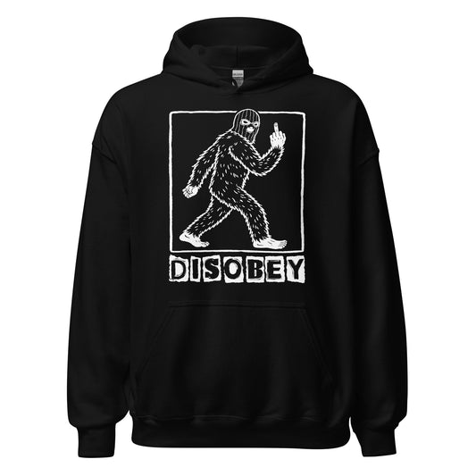 Disobey Sasquatch hoodie on black featuring walking Bigfoot silhouette with rebellious gesture