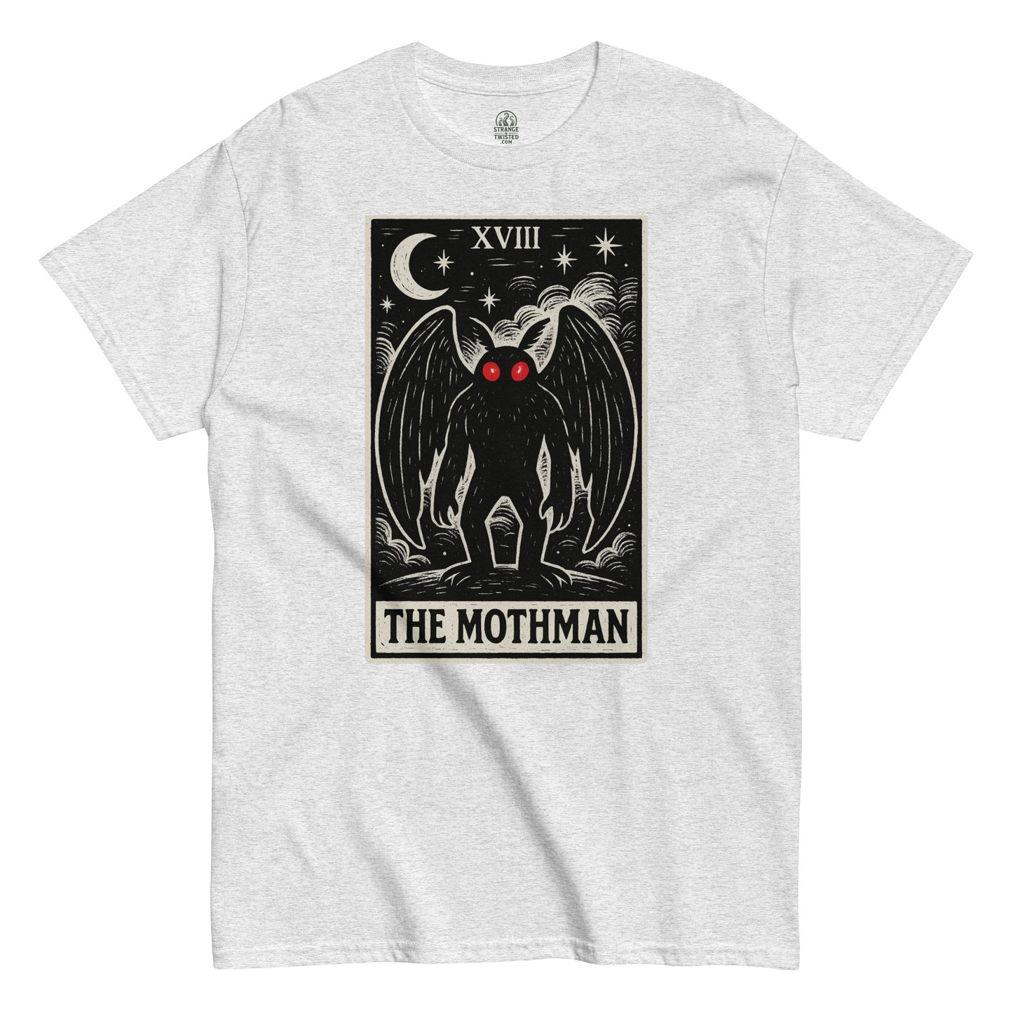 Gothic cryptid T-shirt in ash gray featuring Mothman tarot card illustration with occult moon and red eyes, By StrangeAndTwisted.Com