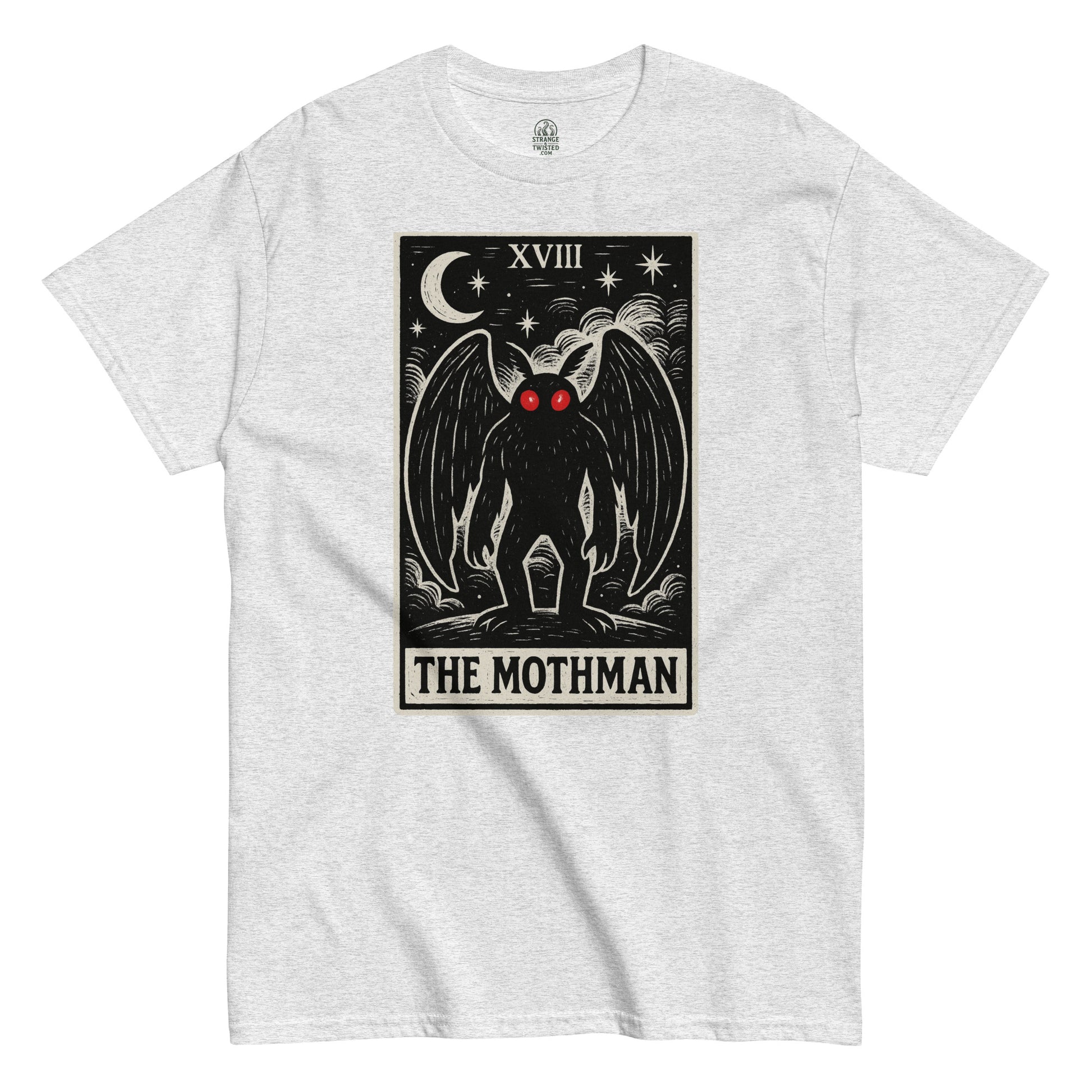 Gothic cryptid T-shirt in ash gray featuring Mothman tarot card illustration with occult moon and red eyes, By StrangeAndTwisted.Com