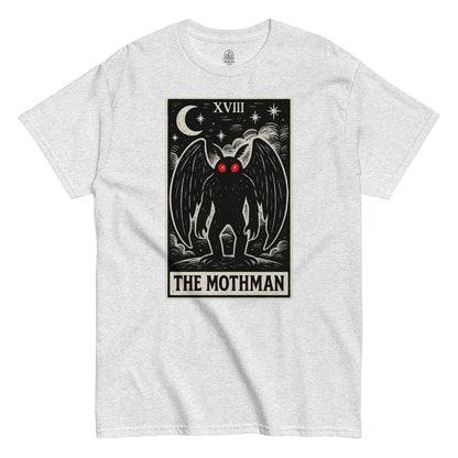 Gothic cryptid T-shirt in ash gray featuring Mothman tarot card illustration with occult moon and red eyes, By StrangeAndTwisted.Com
