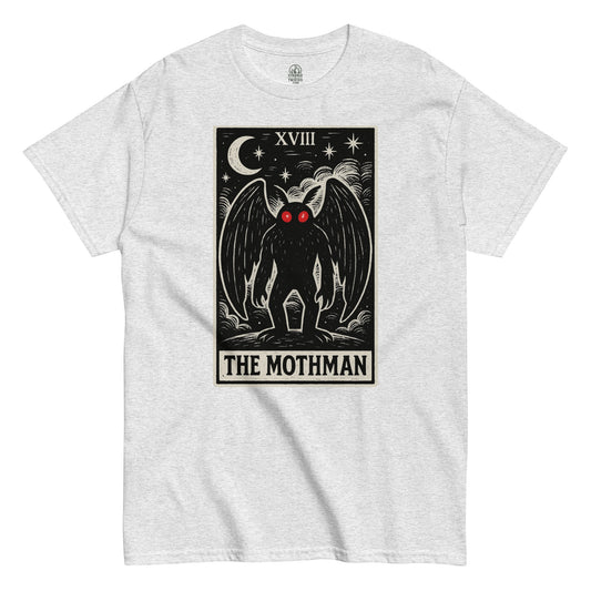 Gothic cryptid T-shirt in ash gray featuring Mothman tarot card illustration with occult moon and red eyes, By StrangeAndTwisted.Com