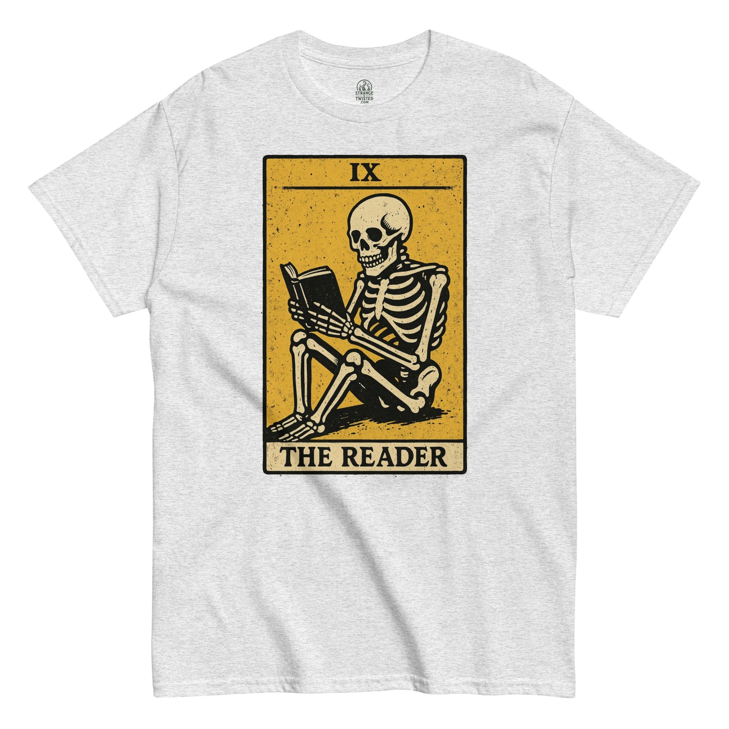 Gothic tarot card T-shirt with skeleton reading a book, The Reader tarot card parody in vintage style, By strangeandtwisted.com