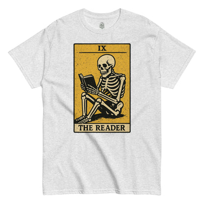 Gothic tarot card T-shirt with skeleton reading a book, The Reader tarot card parody in vintage style, By strangeandtwisted.com