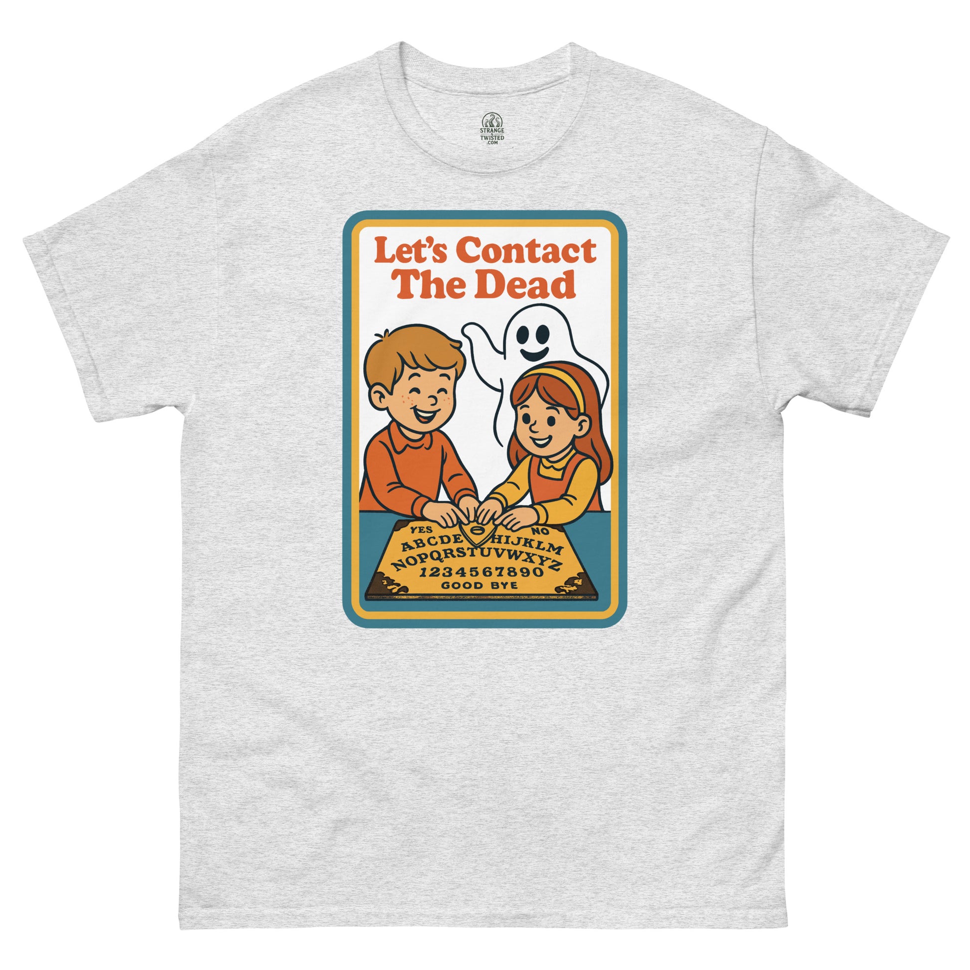 Funny retro 70s occult parody T-shirt in ash gray featuring kids using spirit board design, by strangeandtwisted.com