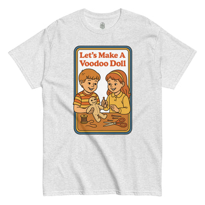 Funny retro 70s occult parody T-shirt in ash gray, cartoon kids crafting voodoo doll in vintage children’s book cover design, strangeandtwisted.com