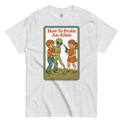 Funny retro 70s parody T-shirt with kids grappling alien cartoon, vintage book cover style, by strangeandtwisted.com