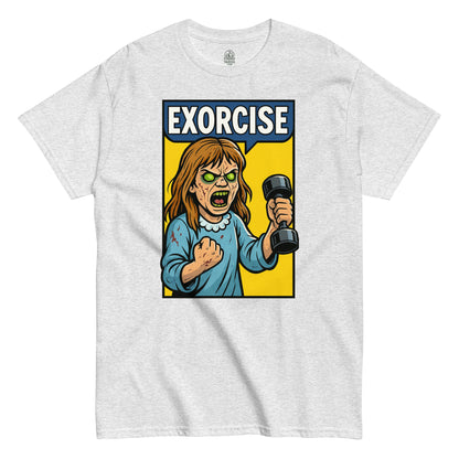 Ash Exorcise Possessed Girl T-Shirt front view, funny horror workout parody design, By strangeandtwisted.com