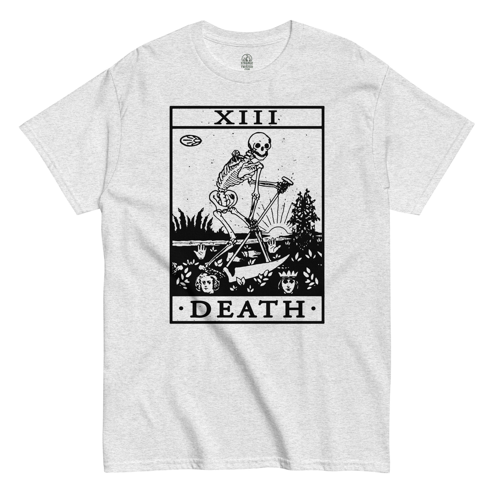 Ash Grey Death Tarot Card T-Shirt front view, gothic occult skeleton tarot artwork, By strangeandtwisted.com