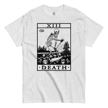 Ash Grey Death Tarot Card T-Shirt front view, gothic occult skeleton tarot artwork, By strangeandtwisted.com