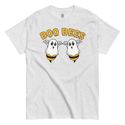 Ash grey T-shirt showing Boo Bees pun design with cartoon ghost bees in bold yellow and black