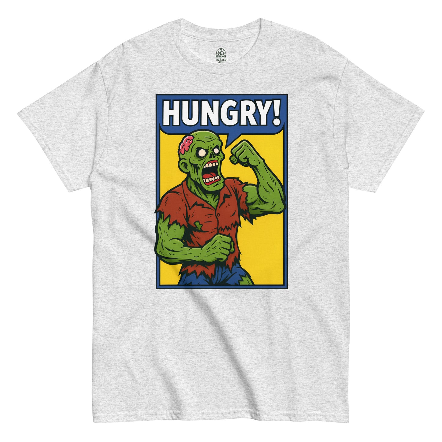 Front design Hungry Zombie Horror T-Shirt ash grey StrangeAndTwisted