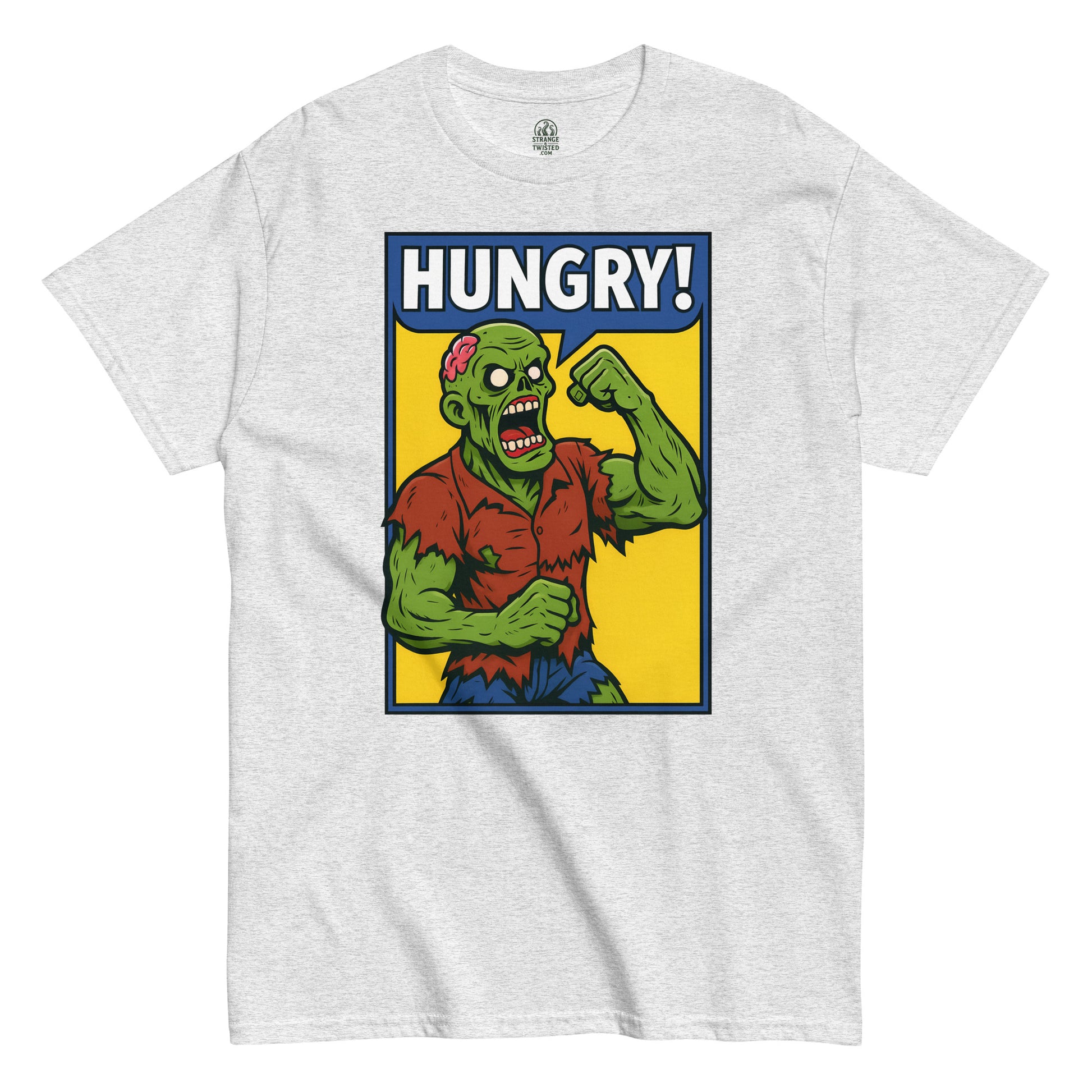 Front design Hungry Zombie Horror T-Shirt ash grey StrangeAndTwisted