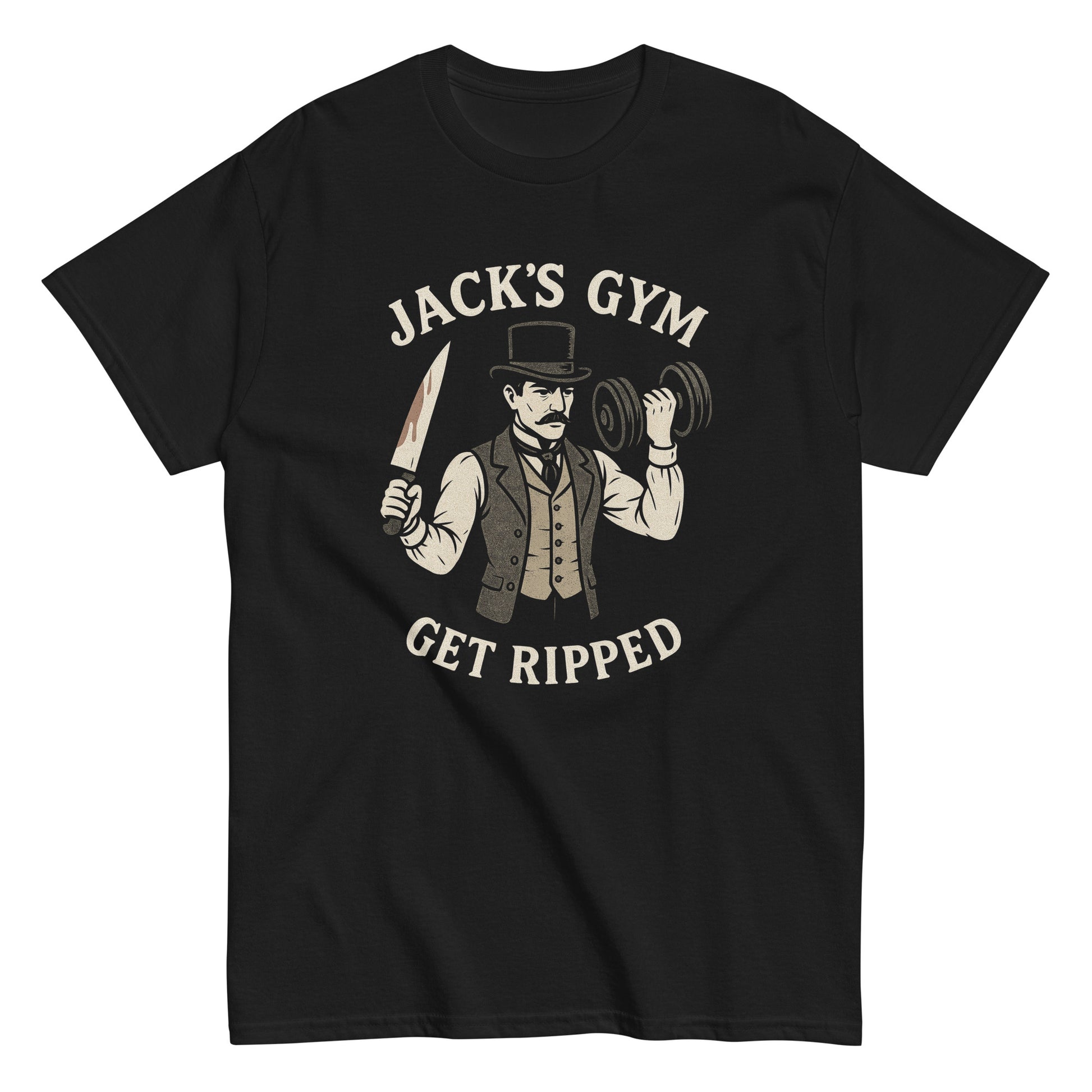 Jack’s Gym Get Ripped funny workout parody T-shirt, horror gym humor, By strangeandtwisted.com