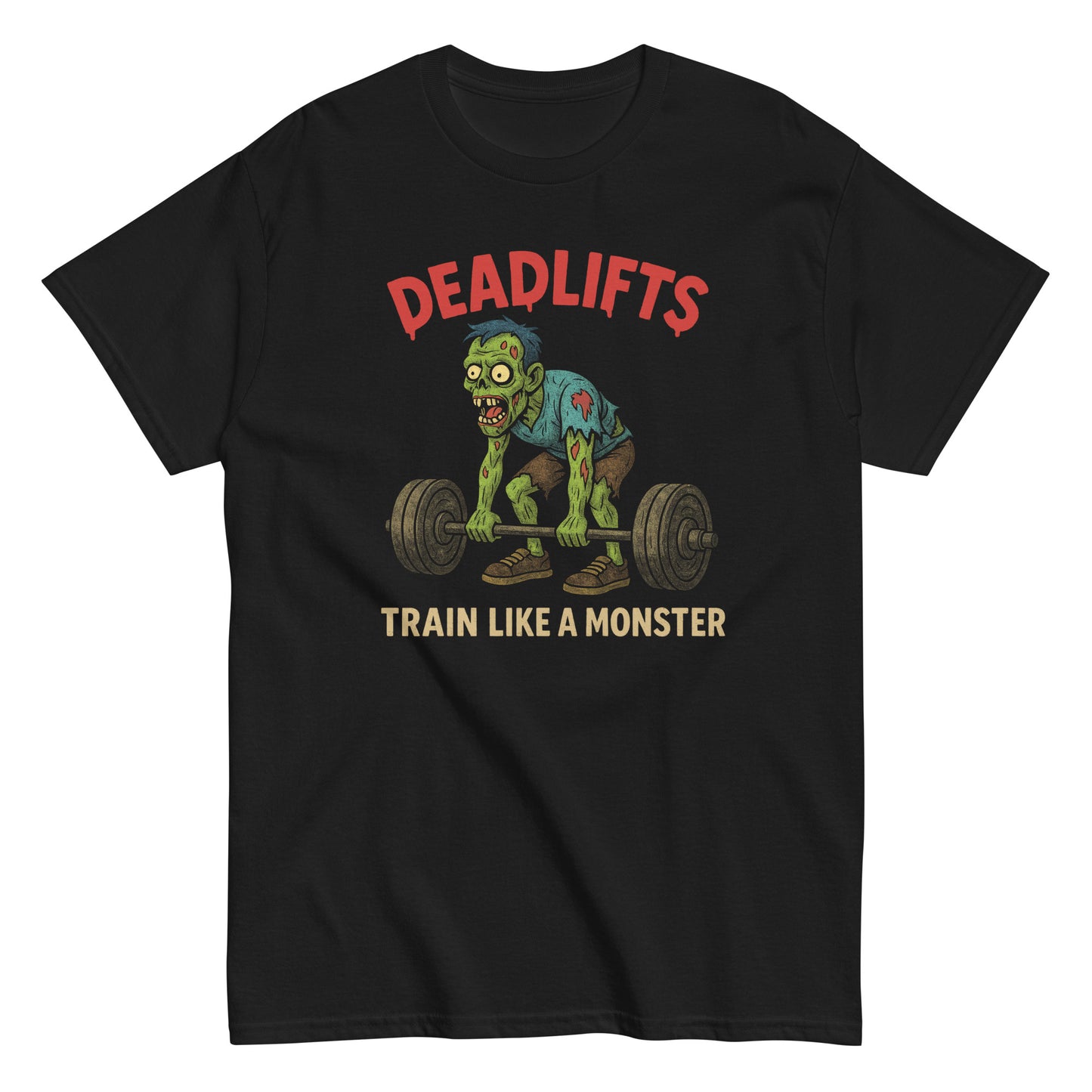 Deadlifts Zombie Monster funny Halloween gym T-shirt, horror workout parody, By strangeandtwisted.com