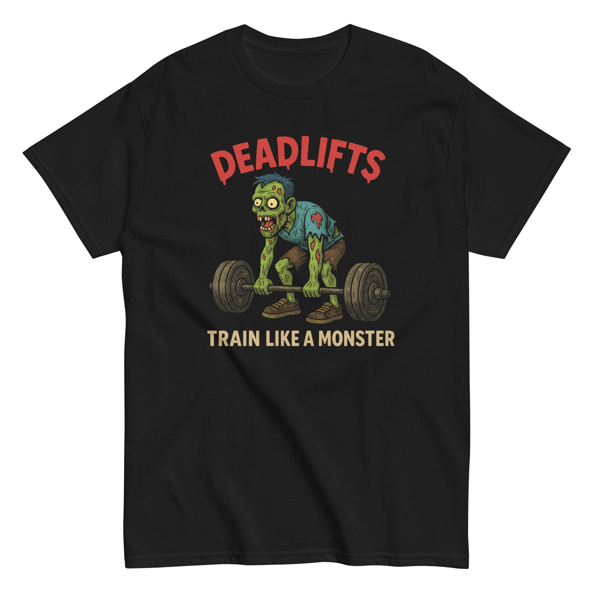 Deadlifts Zombie Monster funny Halloween gym T-shirt, horror workout parody, By strangeandtwisted.com