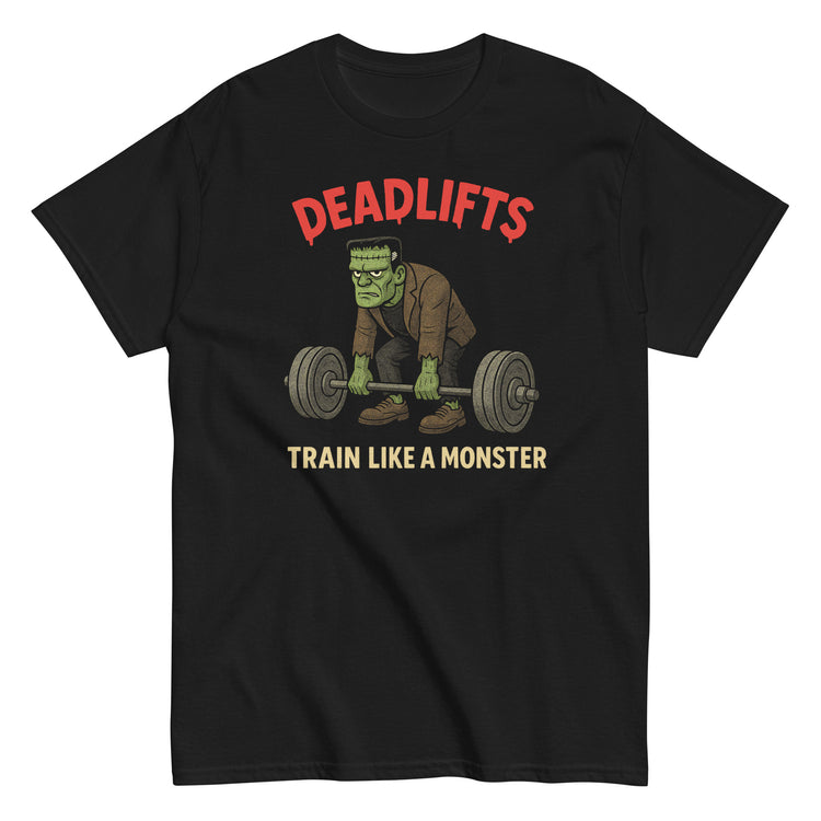 Deadlifts Frankenstein Monster gym workout T-shirt, funny fitness parody, By strangeandtwisted.com