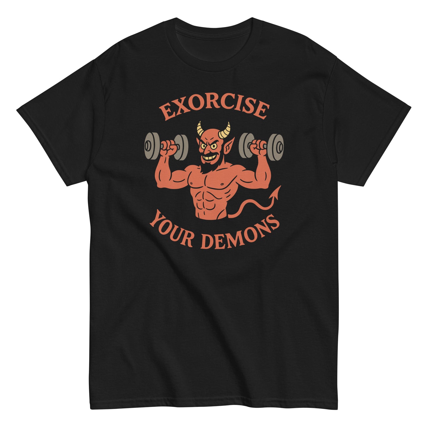 Exorcise Your Demons funny devil workout gym T-shirt with cartoon demon lifting weights, hilarious horror fitness parody tee for gym rats and occult fans, By strangeandtwisted.com